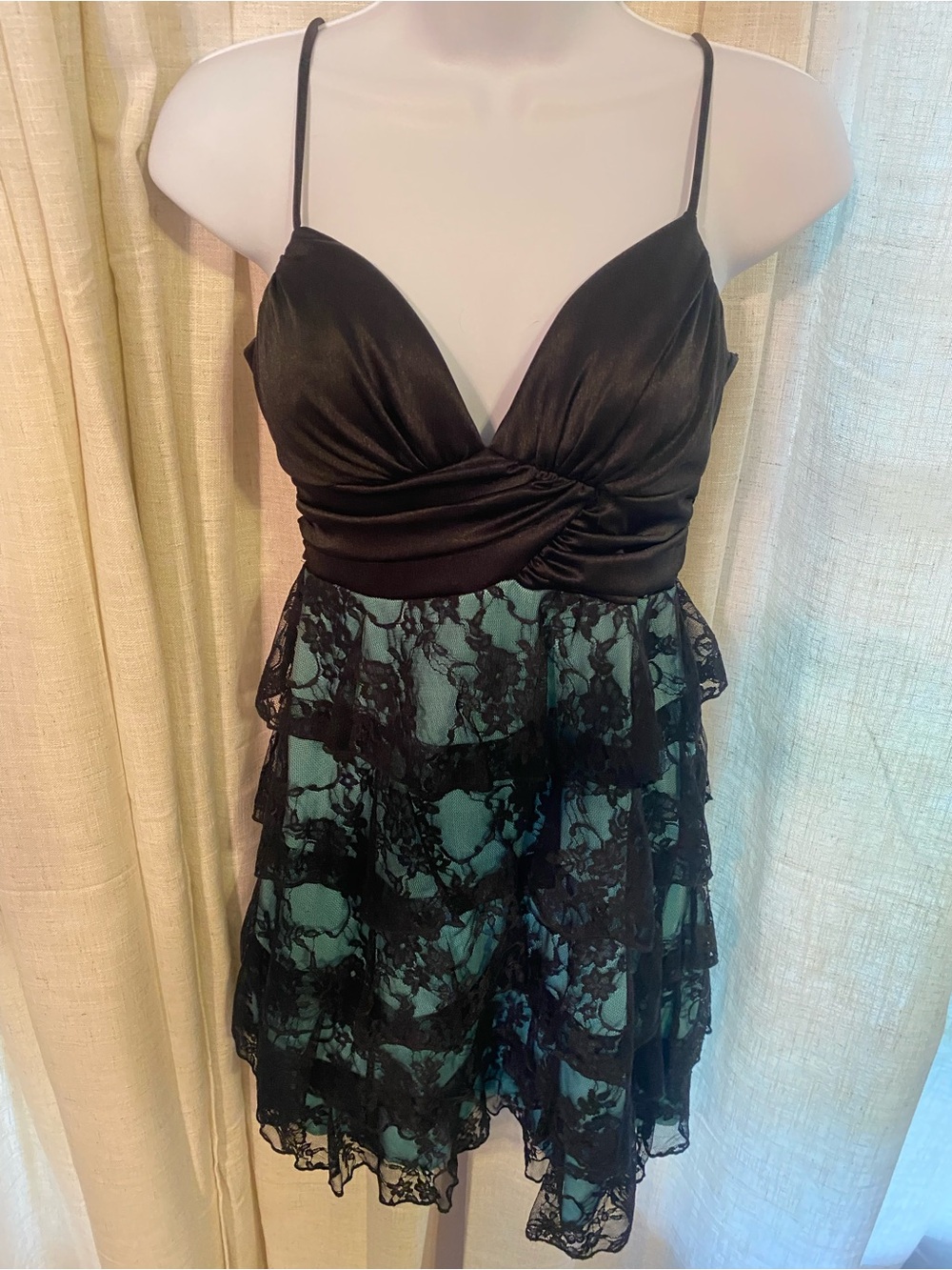 Vintage Y2K Xtraordinary Tiered Black Lace Teal Whimsigoth Party Mini Dress M - Picture 2 of 16